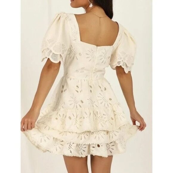 Just Me Beige Cotton Embroidered Short Bell Sleeve Ruffle Tier Mini Dress Size L - Picture 3 of 13